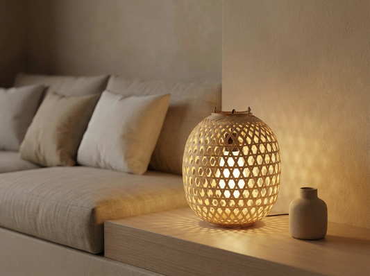 Aurelia small bamboo floor lamp on a neutral background