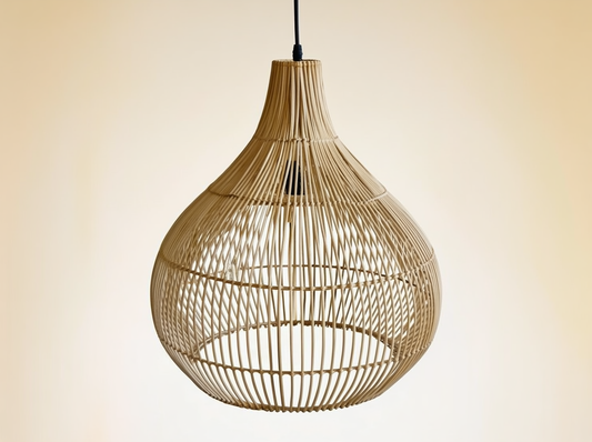 Aurelia woven rattan pendant lamp on a neutral background