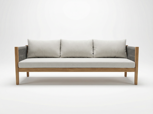 Serenity three-seat teak outdoor sofa with light cushions