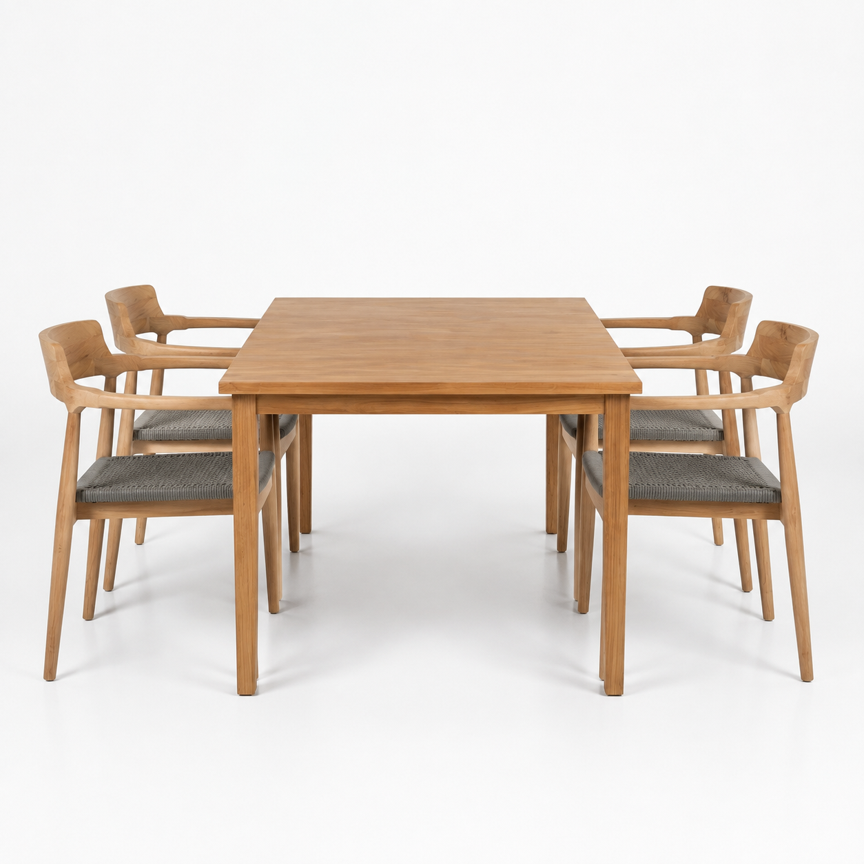 Harbor teak dining set with four grey woven chairs