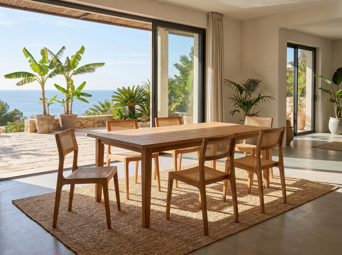 Solid teak dining table styled for a Mediterranean home