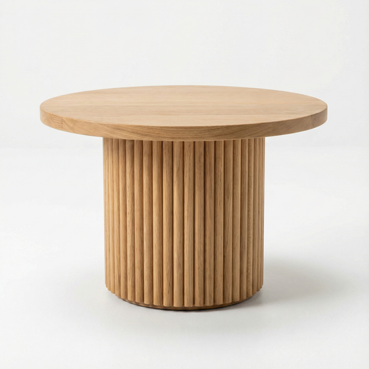 Calm Haven round wooden side table on a neutral background