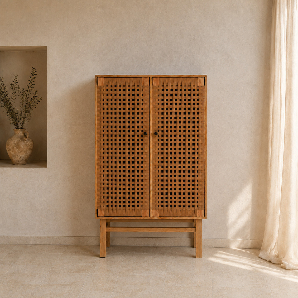 Loom Cabinet DF23-NS-12 placed naturally against a Mediterranean interior wall