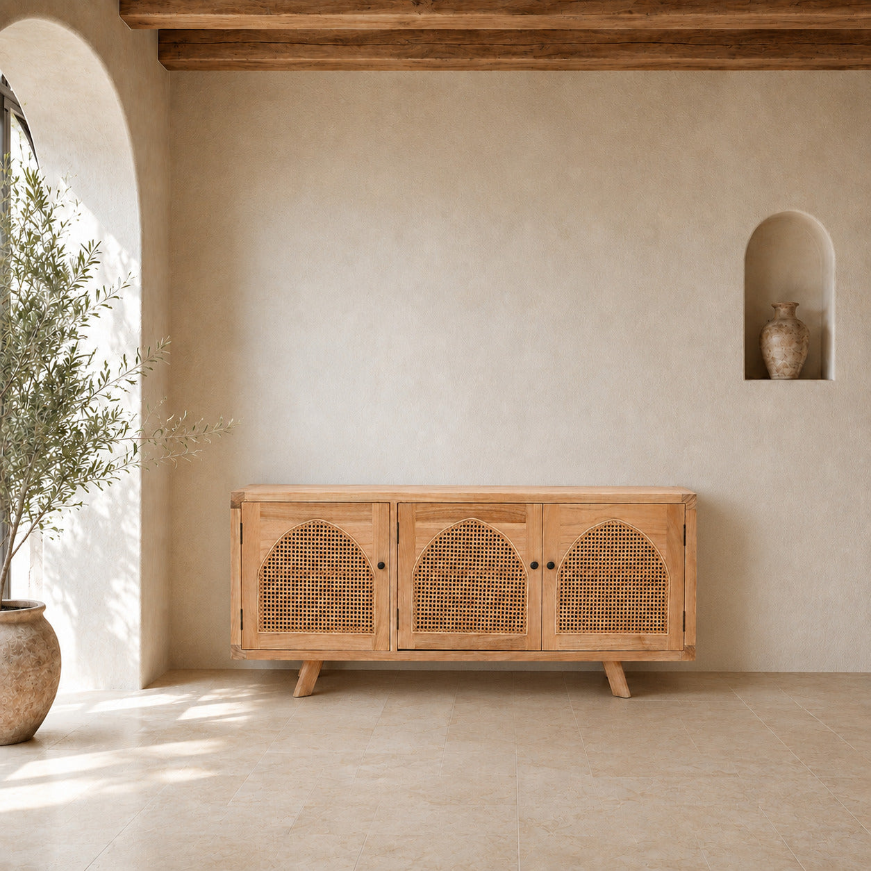 Rattan Sideboard DF24-82 placed naturally against a Mediterranean interior wall