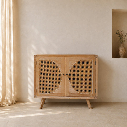 Rattan Cabinet DF24-83 placed naturally against a Mediterranean interior wall