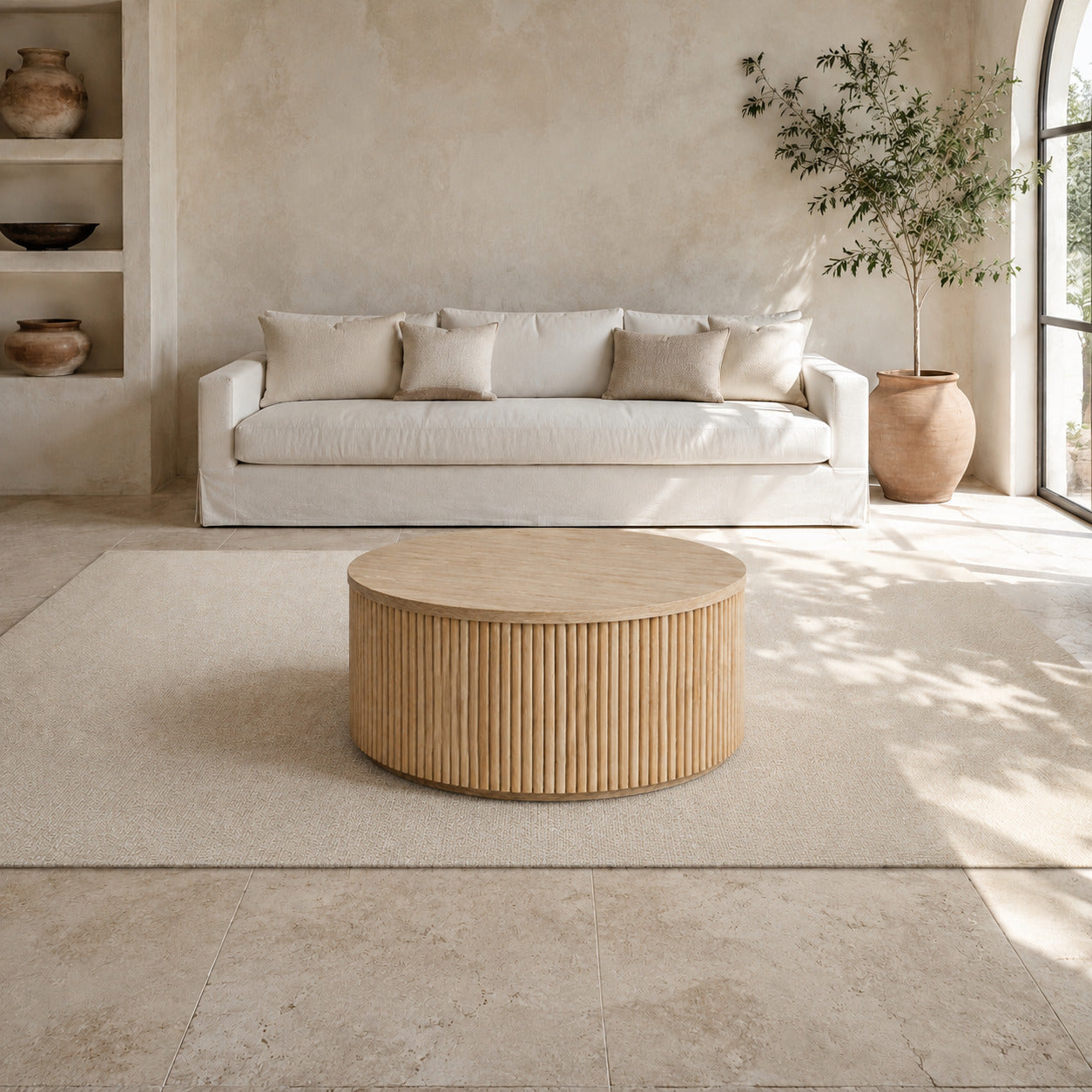 Round Mindi Coffee Table DF24-NW-06 naturally styled in a serene living room