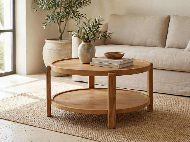 Coastal Harmony round teak coffee table in a coastal living room