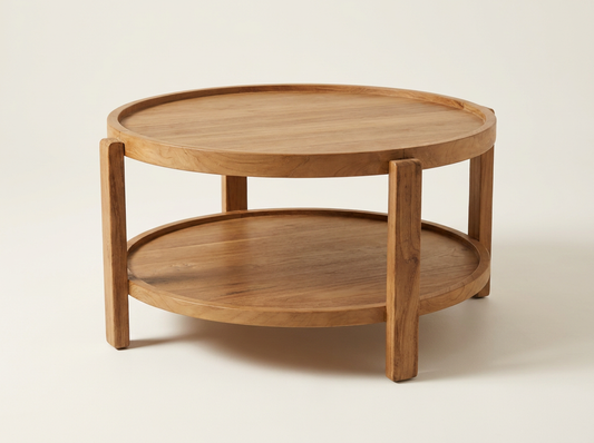 Coastal Harmony round teak coffee table on a neutral background