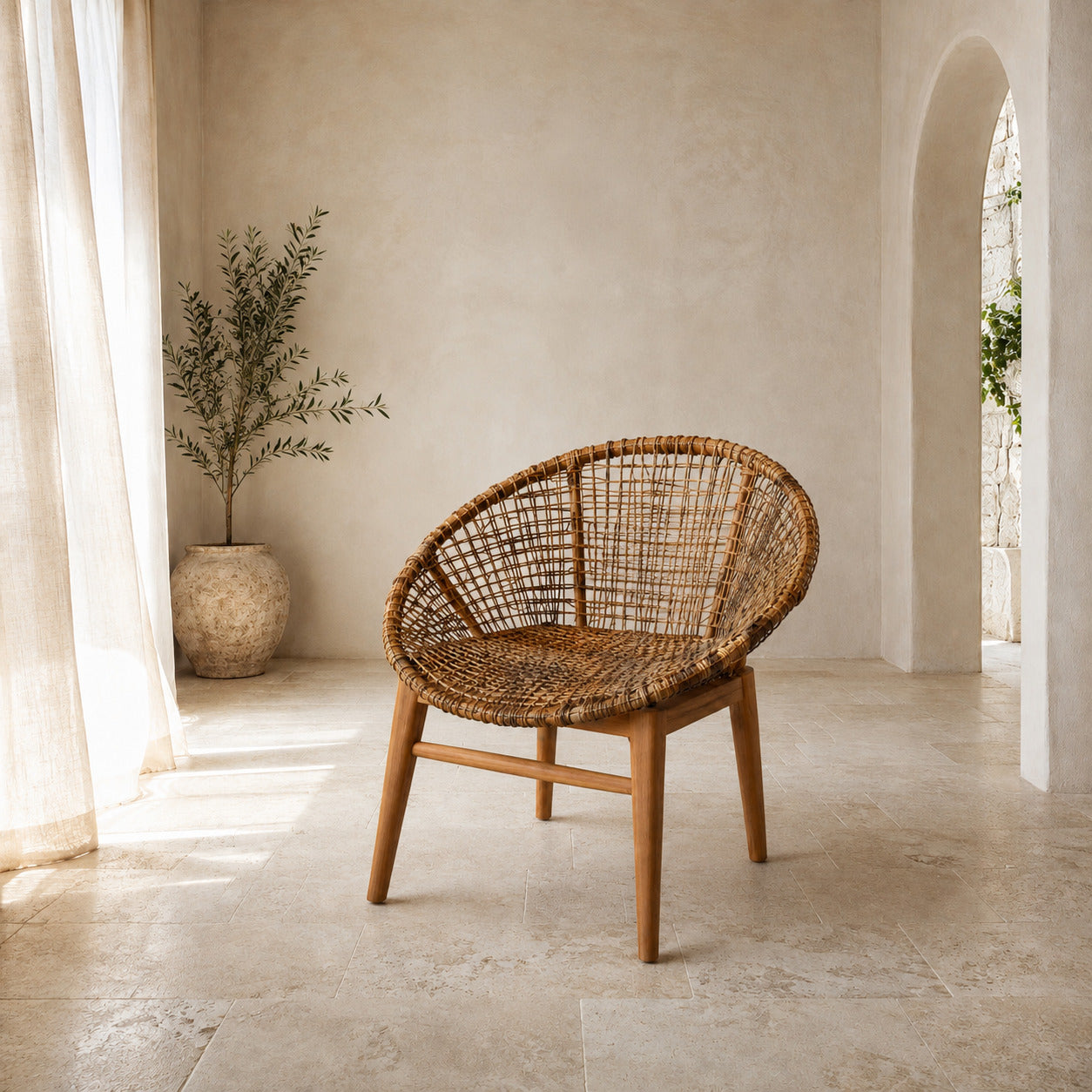 Teak and Abaca Lounge Armchair DF25-ND-33 naturally styled in a Mediterranean reading corner