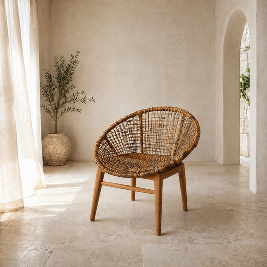 Teak and Abaca Lounge Armchair DF25-ND-33 naturally styled in a Mediterranean reading corner