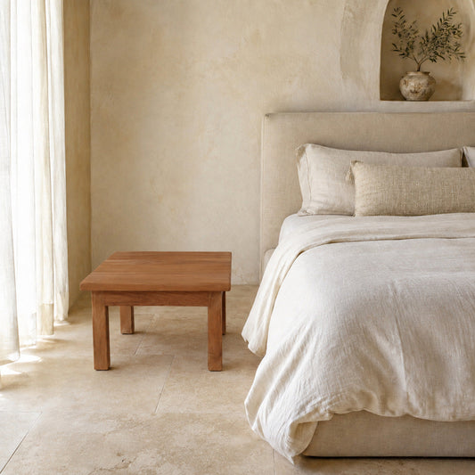 Side Table Compact DF25-ND-56B naturally styled beside a neutral linen bed