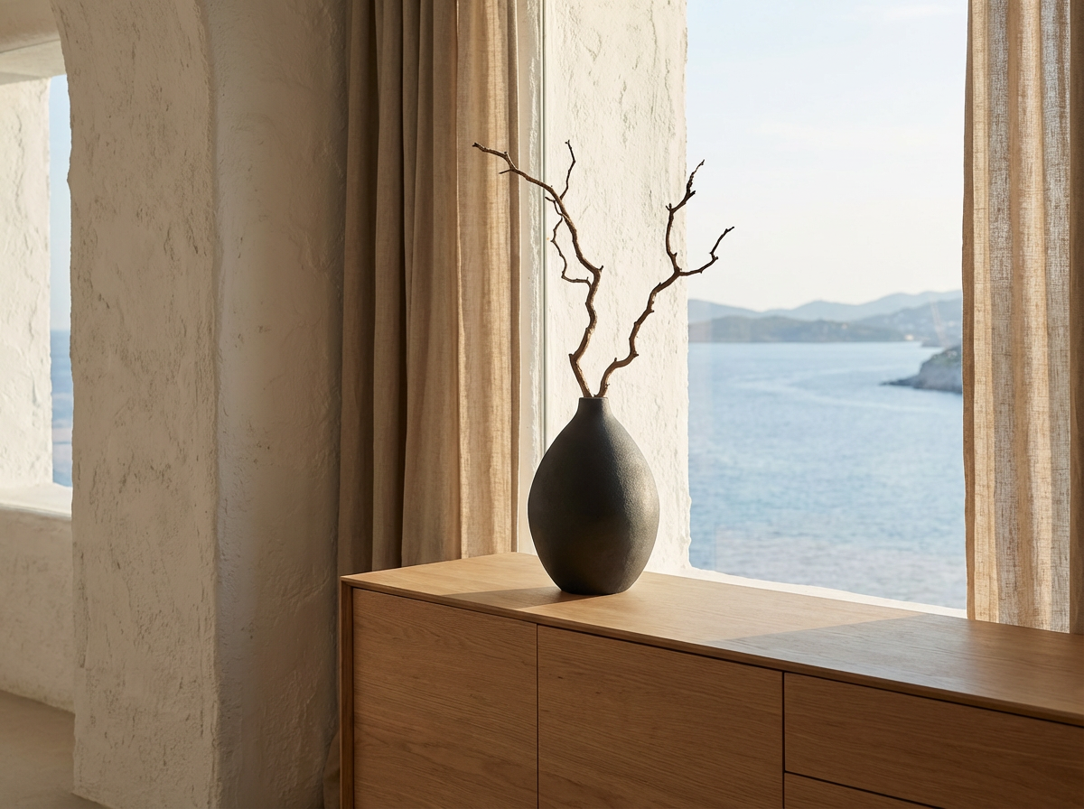 Terra Artisan Vase styled on a wooden sideboard