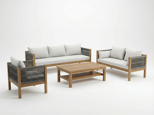 Serenity teak outdoor lounge set on a neutral background