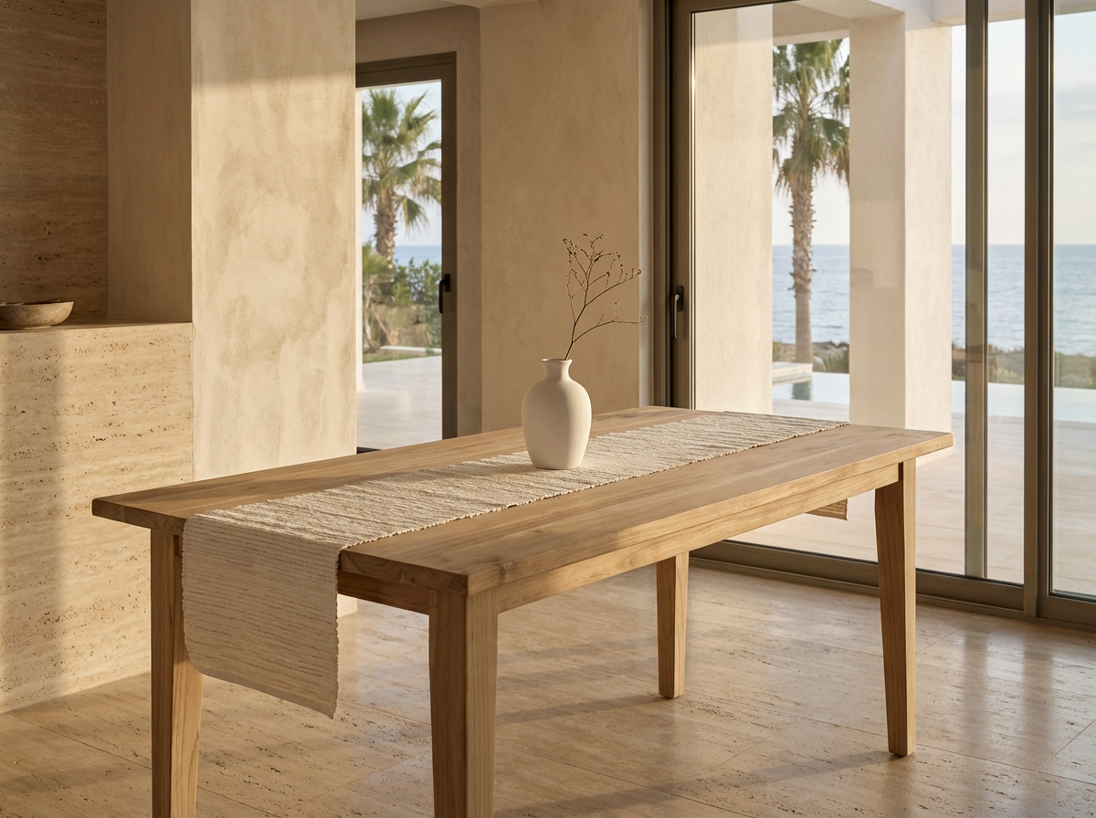Lumia table runner styled in a modern coastal interior