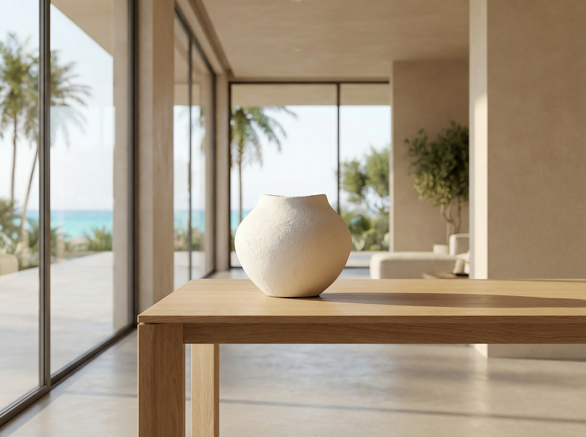 Terra soft white artisan vase styled on a wooden sideboard