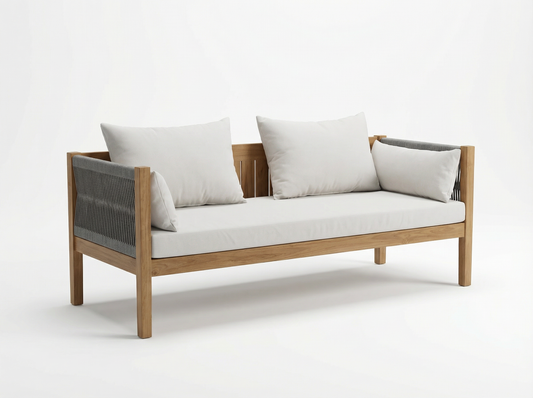 Serenity two-seat teak outdoor sofa with light cushions