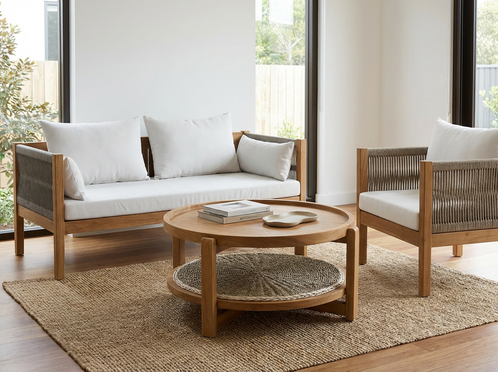 Coastal Harmony round teak coffee table in a coastal interior