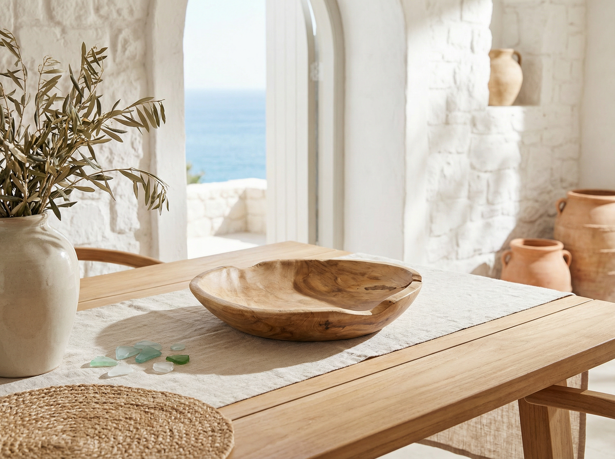 Driftwood teak bowl styled on a wooden dining table