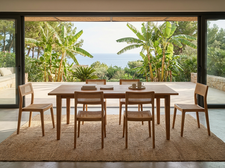 Coastal large solid wood dining table in a Cyprus villa
