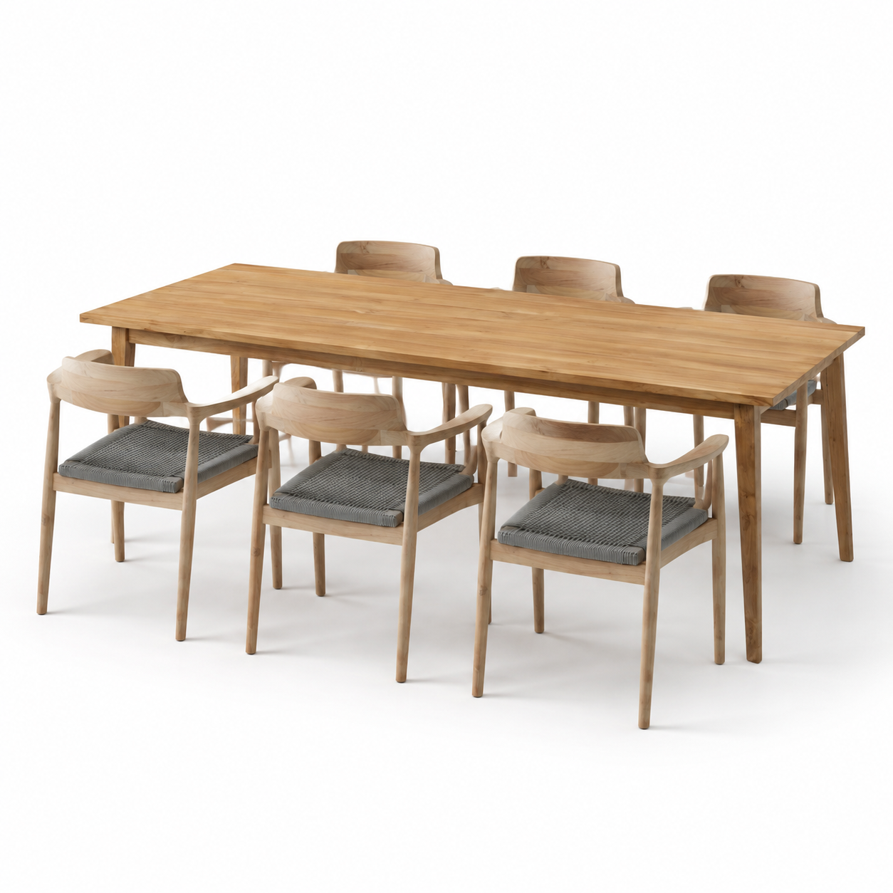 Harbor teak dining set with six grey woven chairs