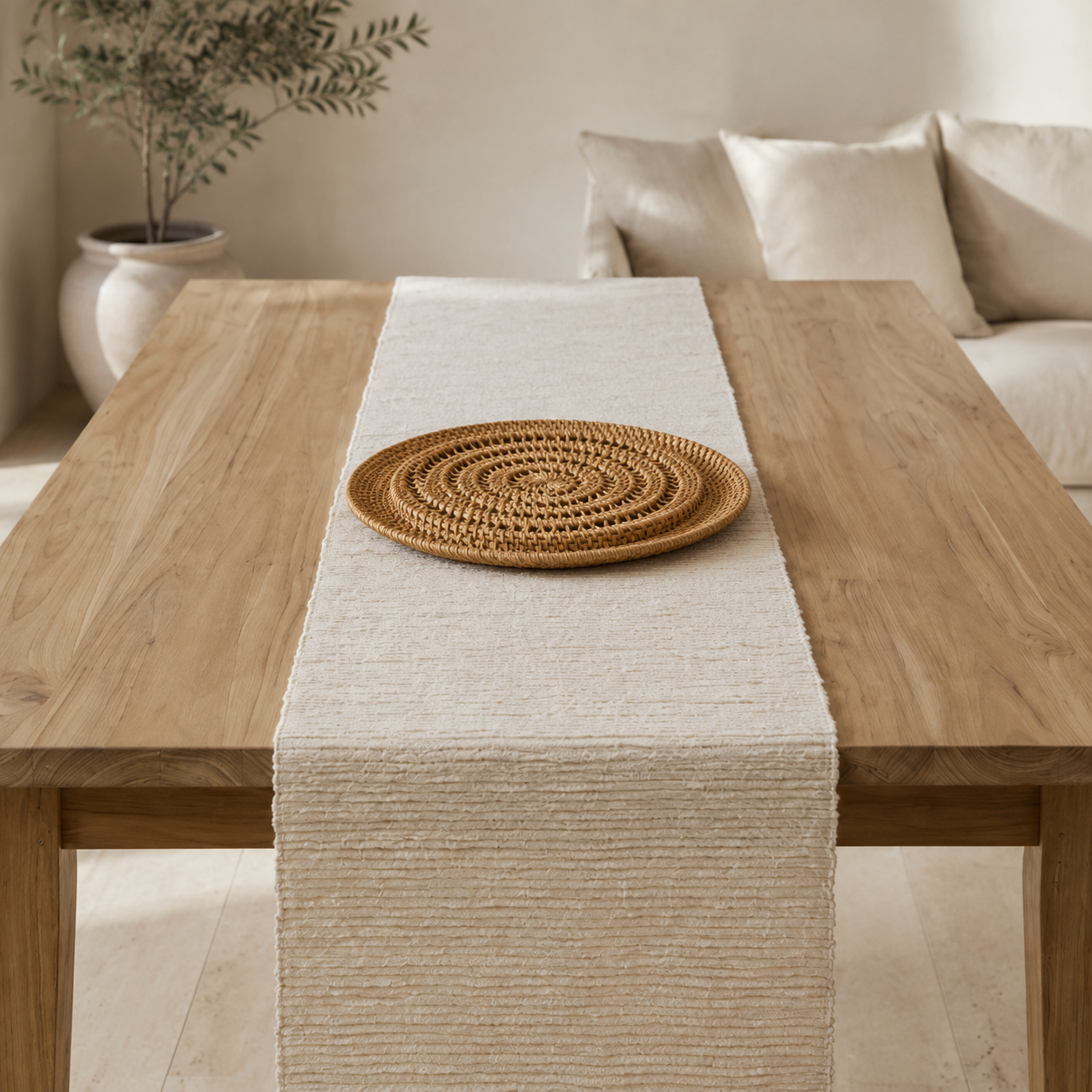 Lumia Table Styling Set with vetiver runner and Solaya rattan plate