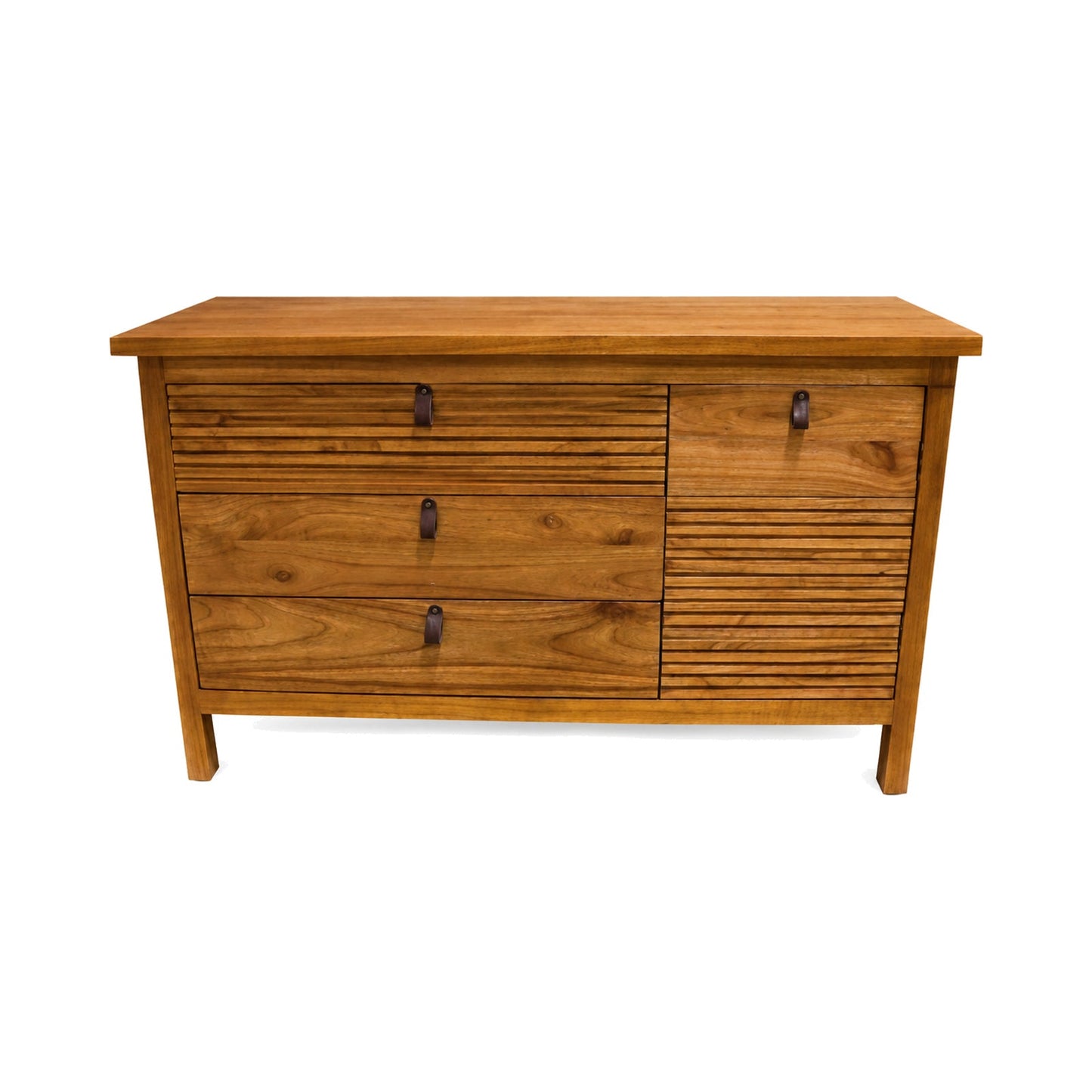 Mindi wood console with drawers and cabinet storage