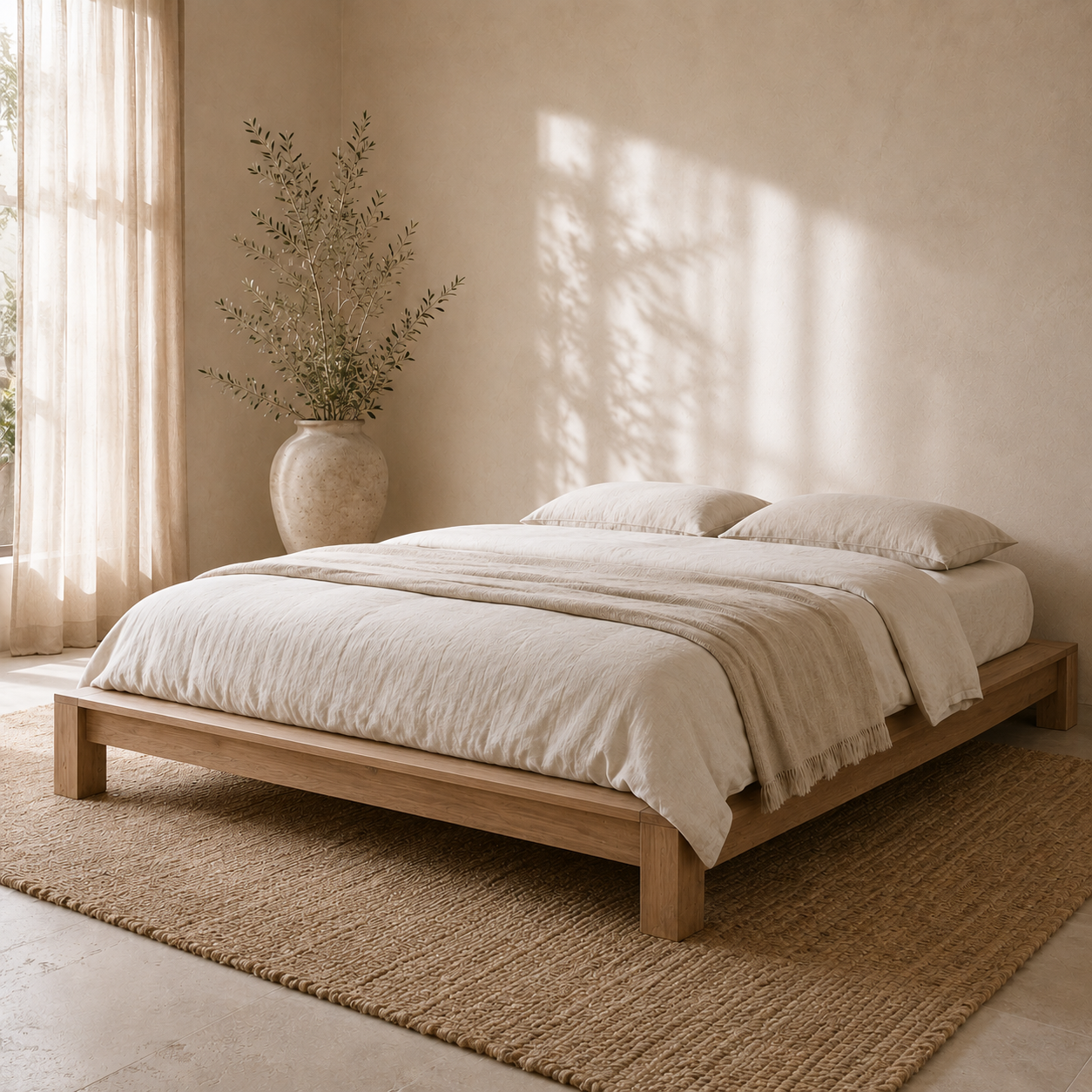 Mindi Platform Bed styled in a warm Mediterranean bedroom