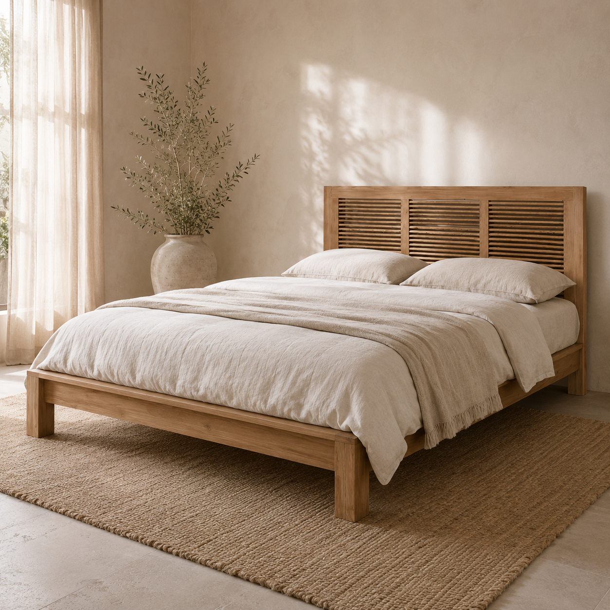 Mindi Slatted Bed styled in a warm Mediterranean bedroom