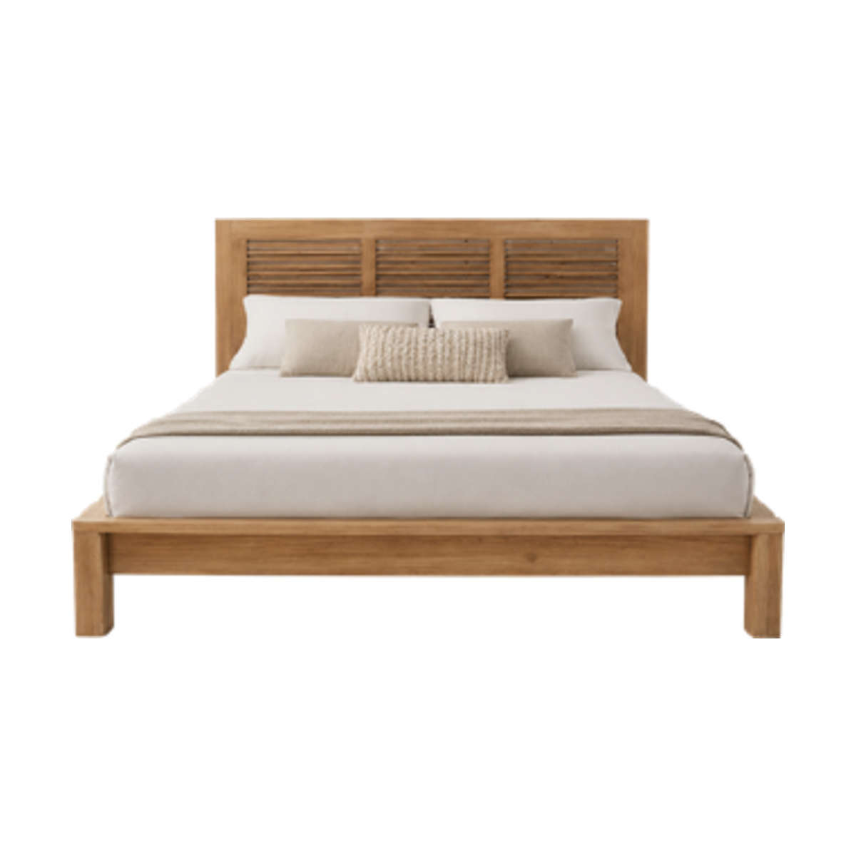 Mindi Slatted Bed in natural mindi wood with slatted headboard
