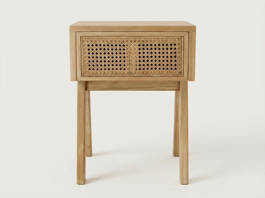 Solace teak night stand on a neutral background