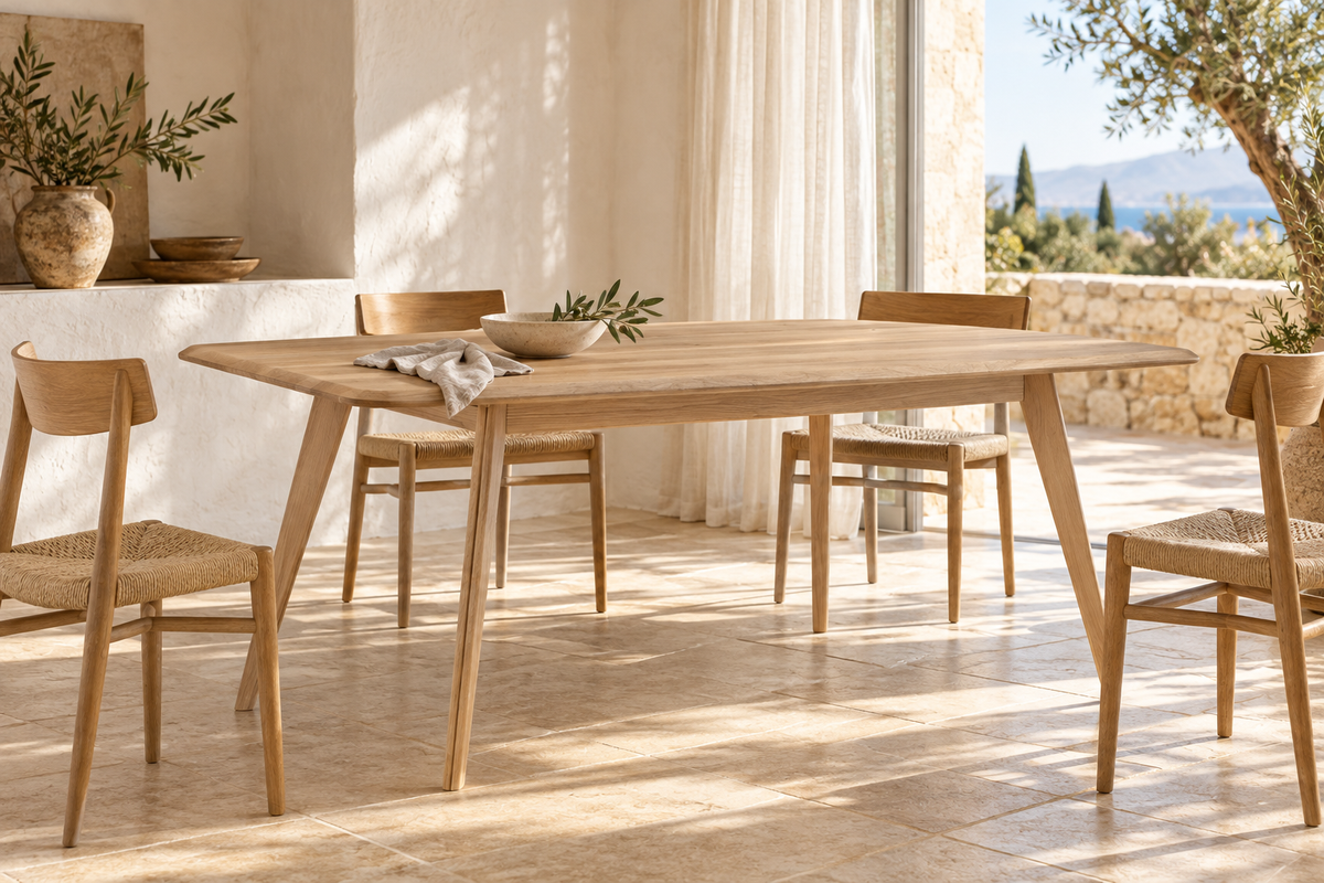 Lifestyle visualisation of the Abessi solid oak dining table in a sunlit Mediterranean dining room
