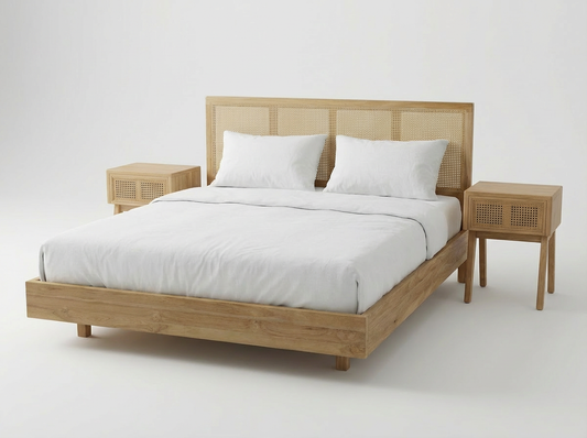 Solace teak bed and matching night stands on a neutral background