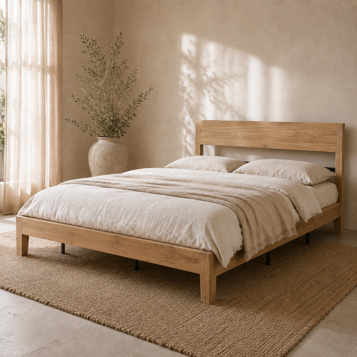 Teak and Iron Bed styled in a warm Mediterranean bedroom